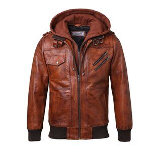 Hooded Bomber Tan Waxed Brown Real Leather Jacket for Men